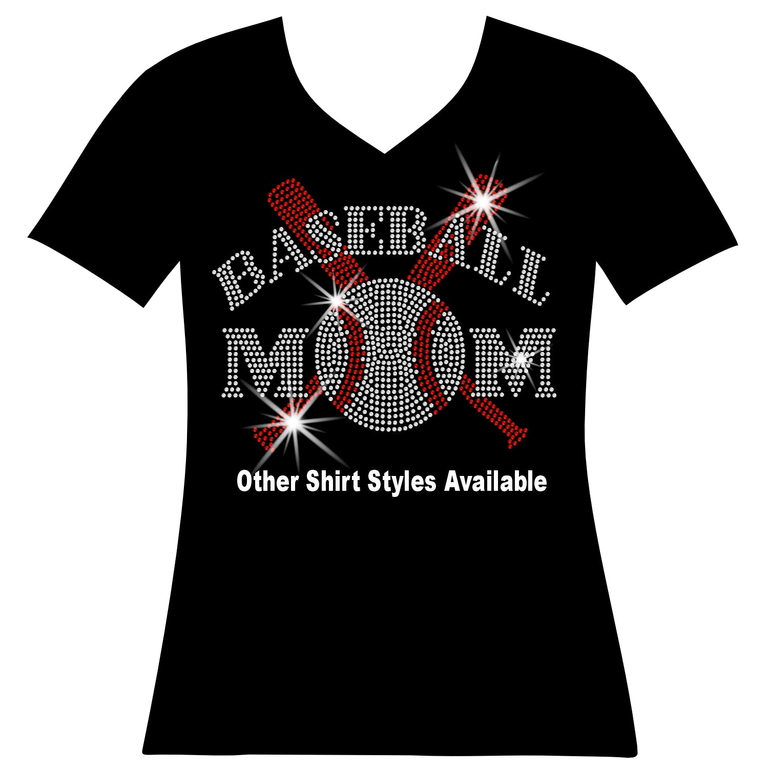 ladies short sleeve vneck with a rhinestone Baseball Mom with crossed baseball bats 