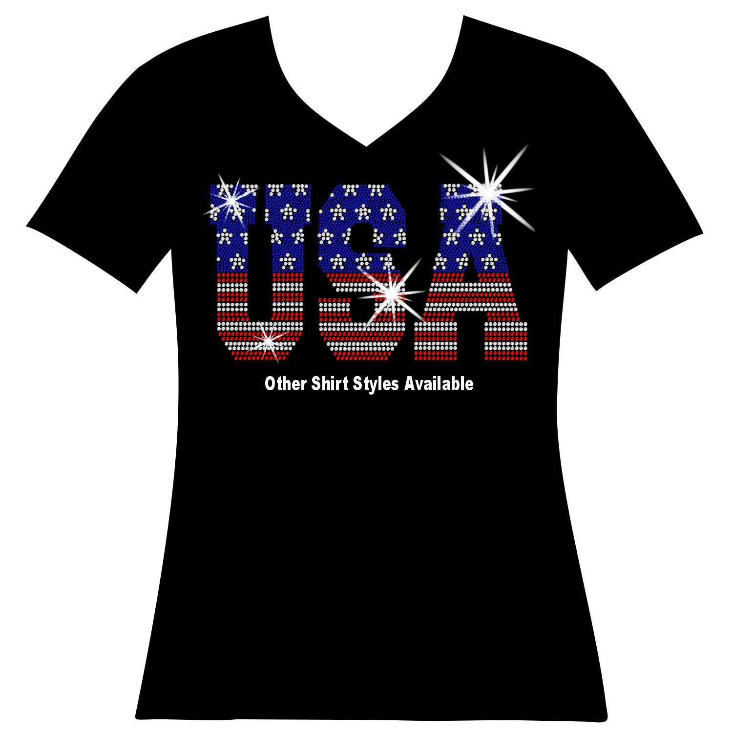 Black ladies short sleeve vneck with a rhinestone flag USA logo