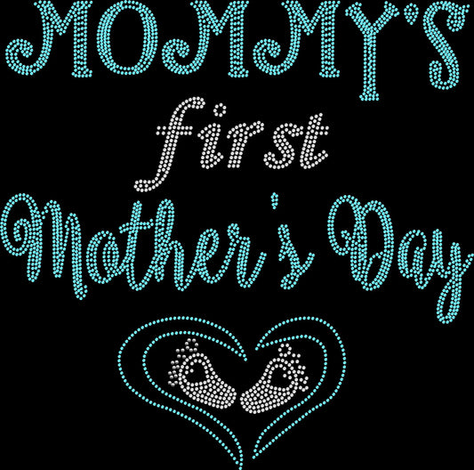 Sparkling rhinestone Mommy’s First Mother’s Day shirt with heart and baby feet design on a black t-shirt, new mom bling tee for women.