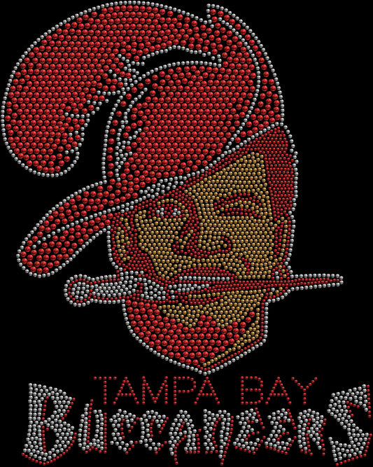 Sparkling rhinestone Tampa Bay Buccaneers head shirt on black football fan t-shirt