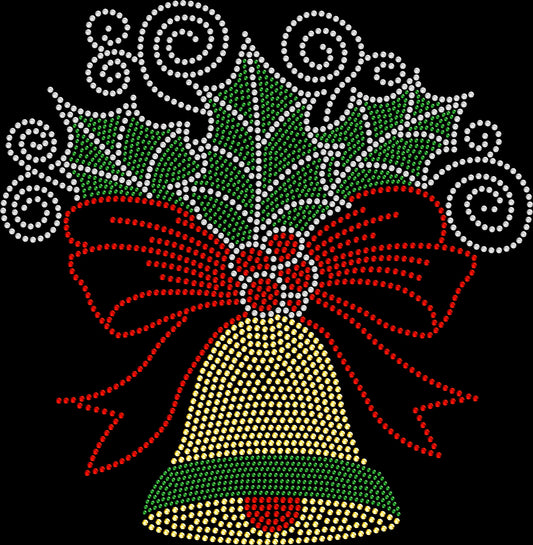 Women’s jingle bell Christmas shirt featuring a holiday bow, holly leaves, berries, and sparkling rhinestone or holographic spangle details.