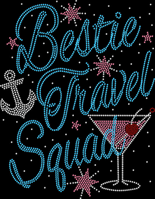 Travel in style with this Bestie Travel Squad rhinestone shirt. Perfect for girls trips, matching outfits, and unforgettable vacations.