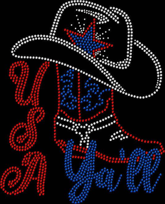 Sparkly rhinestone shirt that says “God Save America” with a Ya’ll cowgirl boot and hat design in red white and blue bling on a soft cotton unisex t-shirt, perfect for 4th of July, rodeos, country concerts, and patriotic celebrations.