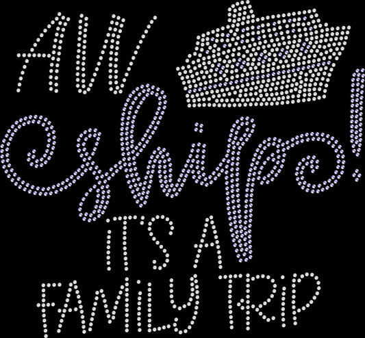 Celebrate your family vacation with this Aw Ship It’s a Family Trip rhinestone cruise shirt featuring a tropical palm tree cruise design.