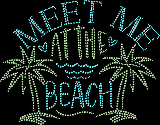 meet me at the beach rhinestone shirt featuring coastal beach vacation and tropical getaway design