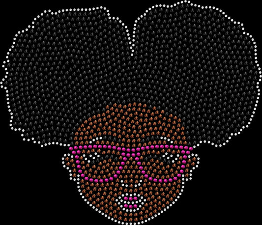 Rhinestone shirt featuring an adorable Black girl with afro pigtails and glasses, sparkling crystal graphic on a black tee, cute empowerment bling apparel