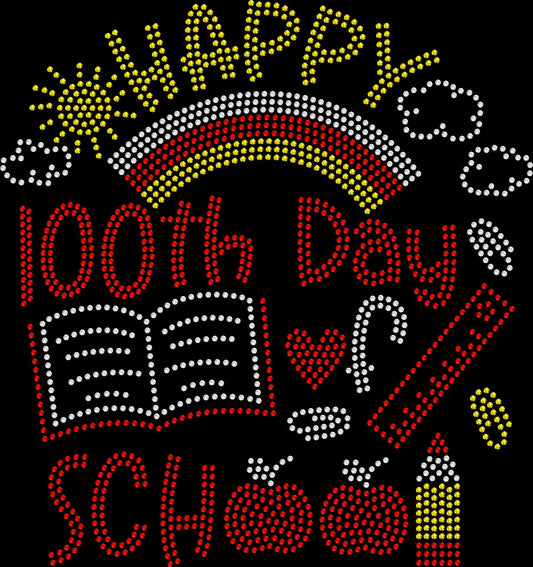 Happy 100th Day of School shirt featuring a sparkling school milestone design created with premium glass rhinestones or holographic spangles. Perfect for teachers, school staff, classroom celebrations, 100 days activities, school parties, teacher teams, elementary school events, and classroom photos. 💯✏️📚🍎✨💎