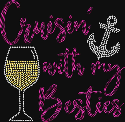 cruisin with my besties rhinestone shirt with wine glass and anchor on black tee girls trip cruise outfit