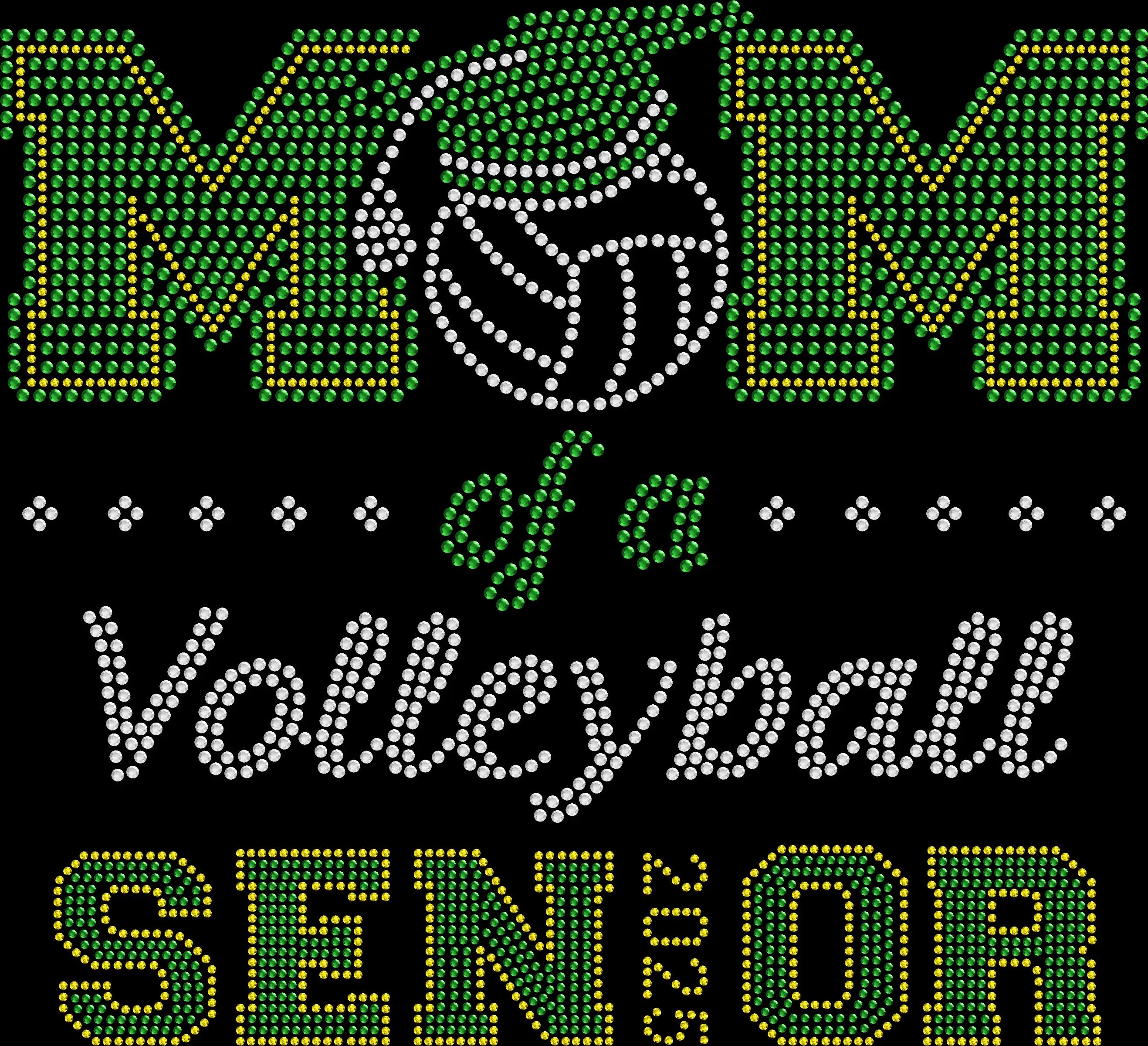 Mom of a Volleyball Senior Custom Year shirt personalized with the volleyball player's graduation year and created with premium glass rhinestones or holographic spangles. Senior volleyball mom apparel for game day, Senior Night, tournaments, playoffs, team banquets, school spirit events, senior photos, and graduation celebrations. 🏐🎓💖📣✨