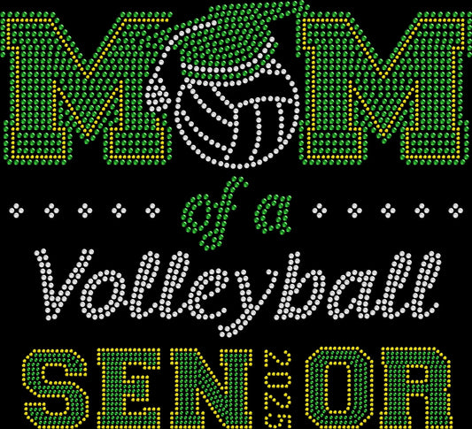 Mom of a Volleyball Senior Custom Year shirt personalized with the volleyball player's graduation year and created with premium glass rhinestones or holographic spangles. Senior volleyball mom apparel for game day, Senior Night, tournaments, playoffs, team banquets, school spirit events, senior photos, and graduation celebrations. 🏐🎓💖📣✨