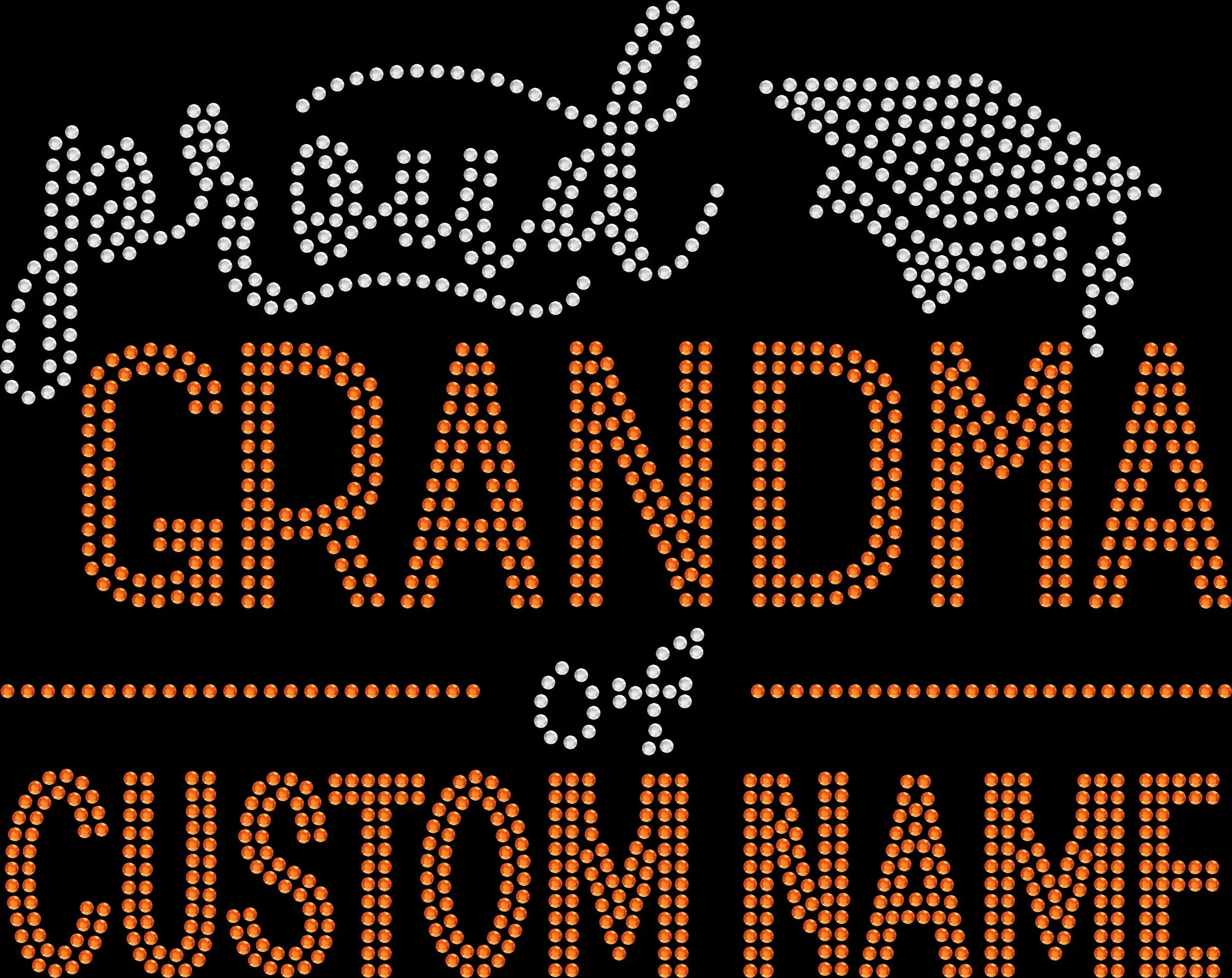Proud Grandma of Custom Name shirt personalized with your grandchild's name and created with premium glass rhinestones or holographic spangles. Personalized Grandma apparel for school events, sports games, team activities, performances, competitions, graduations, family celebrations, and gifts for proud grandmothers. 💖👵✨💎💕