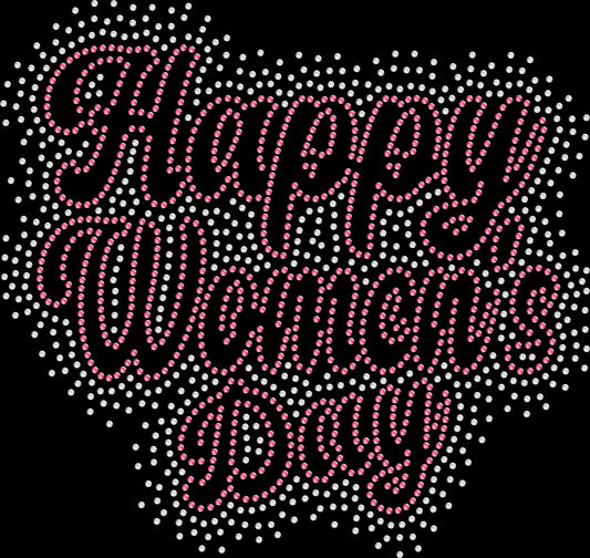 Happy Woman’s Day rhinestone shirt featuring sparkling crystal lettering with fireworks design on a soft women’s empowerment celebration tee