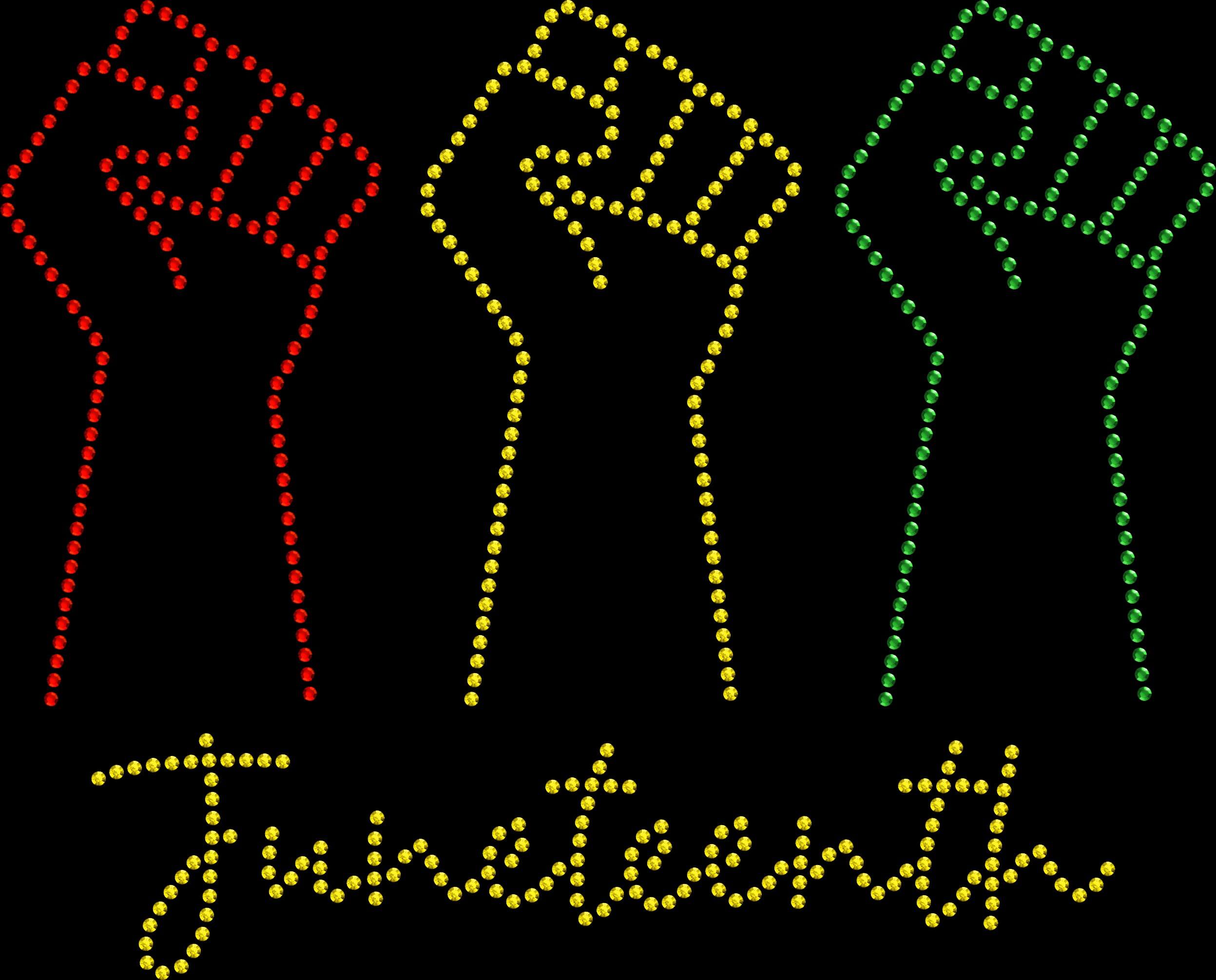 Juneteenth rhinestone shirt featuring the word “Juneteenth” with three raised fists symbolizing unity and empowerment, accented with sparkling crystal rhinestones on a soft women’s tee.