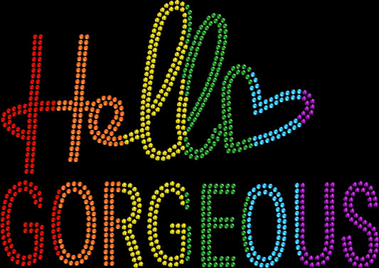 Hello Gorgeous rainbow pride rhinestone shirt featuring sparkling crystal lettering and a colorful rainbow pride design on a soft women’s tee, perfect for Pride events, festivals, and LGBTQ celebration outfits.