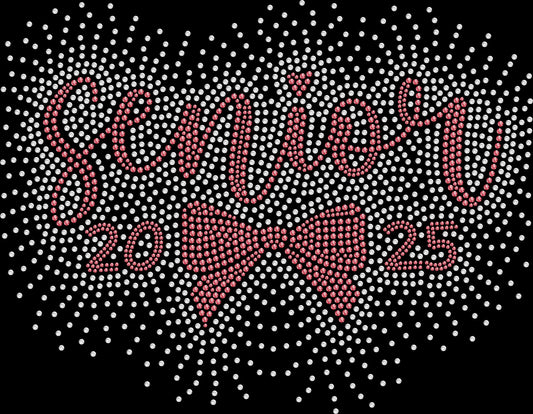 Senior Custom Year shirt featuring Senior lettering, a stylish bow, festive fireworks, and a personalized graduation year created with premium glass rhinestones or holographic spangles. Sparkling senior apparel for Senior Night, Senior Week, school spirit events, senior pictures, graduation parties, commencement, and graduation celebrations. 🎓🎀🎆✨💎💖