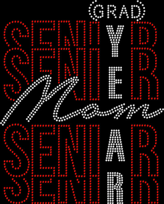 Senior Dance Mom Custom Year shirt featuring bold stacked negative-space lettering personalized with the dancer's graduation year and created with premium glass rhinestones or holographic spangles. Dance mom spirit wear for Senior Night, competitions, recitals, showcases, studio events, senior photos, and graduation celebrations. 💃🎓✨💎💕