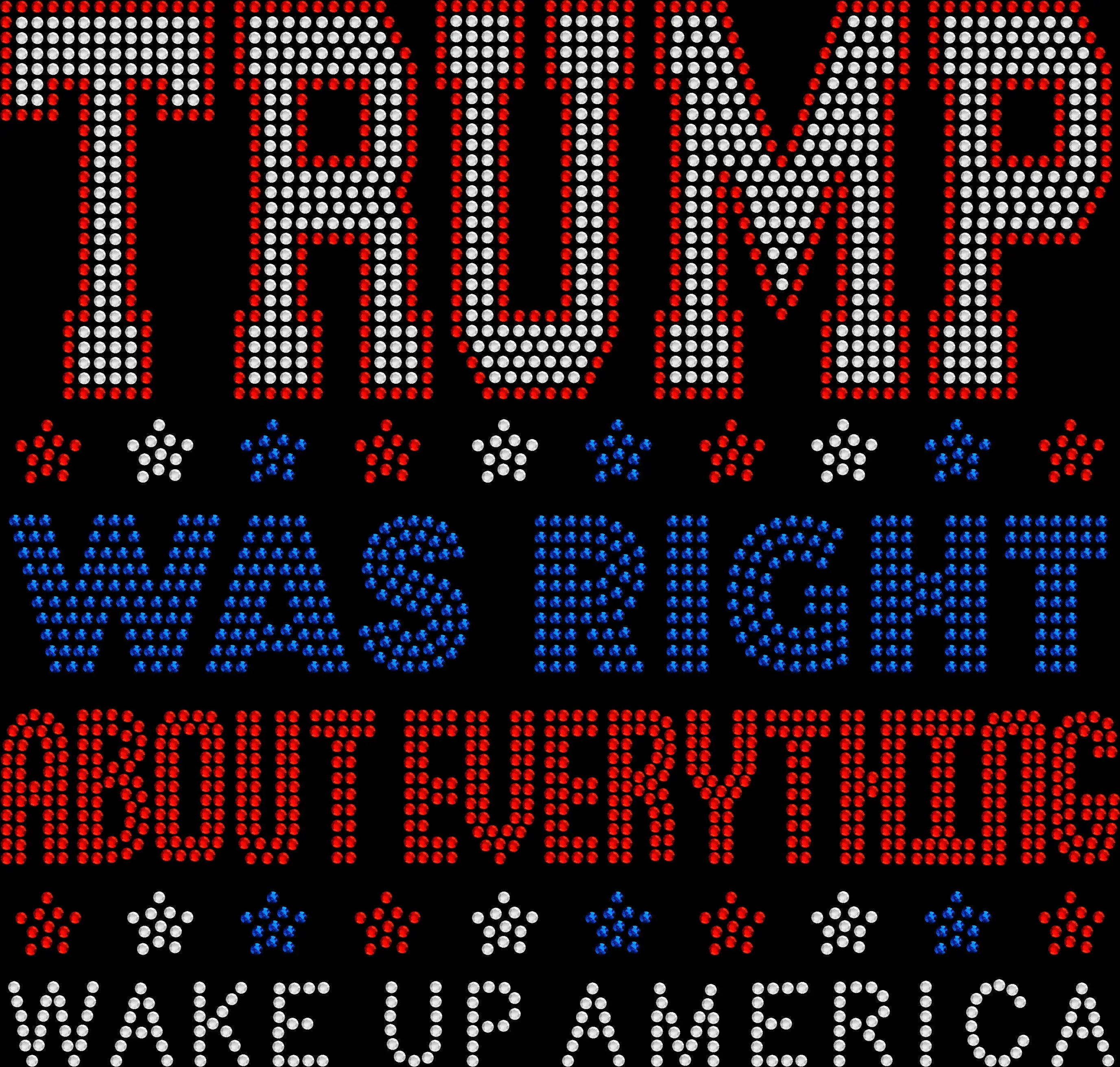 Trump was right about everything wake up America rhinestone shirt with sparkling crystal lettering on a soft unisex tee, patriotic bling shirt for women, bold USA political statement apparel with high shine rhinestones