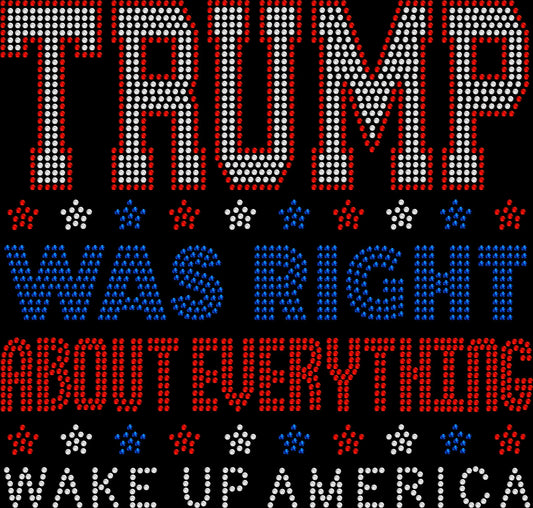 Trump was right about everything wake up America rhinestone shirt with sparkling crystal lettering on a soft unisex tee, patriotic bling shirt for women, bold USA political statement apparel with high shine rhinestones