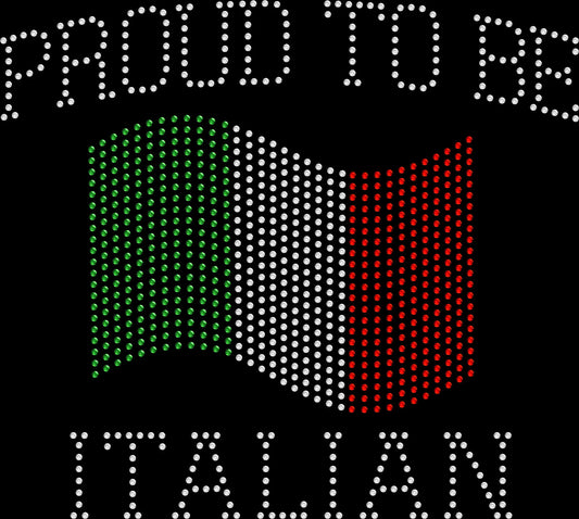 Proud to be Italian rhinestone shirt with Italy flag design on a soft unisex tee, sparkly Italian pride shirt for women, heritage bling apparel with high shine rhinestones
