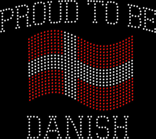 Proud to be Danish rhinestone shirt with Denmark flag design on a soft unisex tee, sparkly Danish pride shirt for women, heritage bling apparel with high shine rhinestones