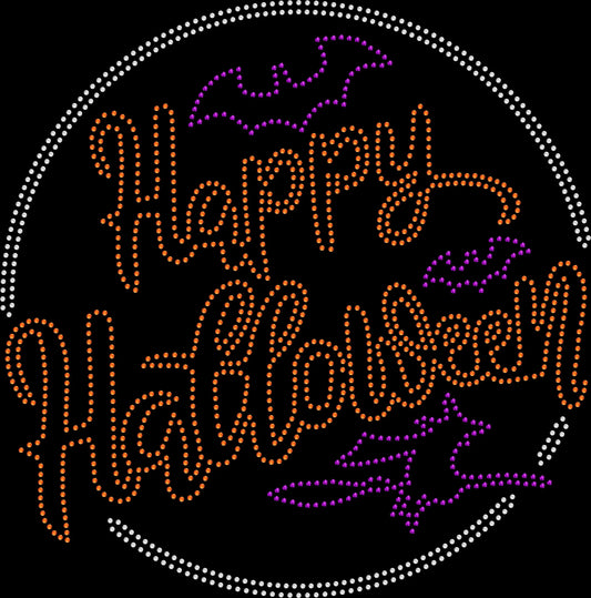 Happy Halloween Circle shirt featuring a sparkling circular Happy Halloween design created with premium glass rhinestones or holographic spangles. Spooky season apparel for Halloween parties, pumpkin patches, fall festivals, haunted houses, trick-or-treat night, Halloween photos, October outings, and seasonal celebrations. 🎃👻✨🕷️💎🖤