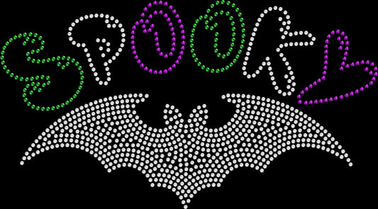 Spooky Bat rhinestone Halloween shirt featuring a sparkling bat inspired design, spooky season top for Halloween parties, haunted houses, pumpkin patches, fall festivals and bat lovers.