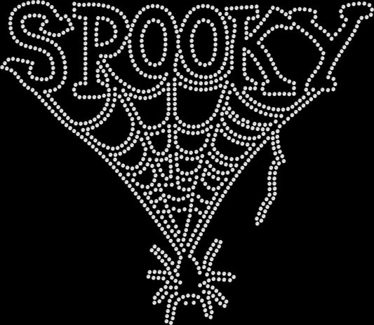 Spooky Web rhinestone Halloween shirt featuring a sparkling spiderweb inspired design, spooky season top for Halloween parties, haunted houses, pumpkin patches, fall festivals and October celebrations.