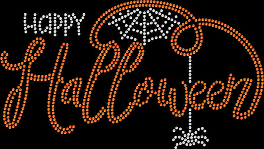 Happy Halloween Spider and Spiderweb shirt featuring a sparkling Halloween design with spider and web details created with premium glass rhinestones or holographic spangles. Spooky season apparel for Halloween parties, haunted houses, pumpkin patches, fall festivals, trick-or-treat night, Halloween photos, and October events. 🕷️🕸️🎃✨💎🖤