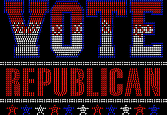 Vote Republican rhinestone shirt with sparkling crystal lettering on a soft unisex tee, patriotic bling shirt for women, bold USA political statement apparel with high shine rhinestones