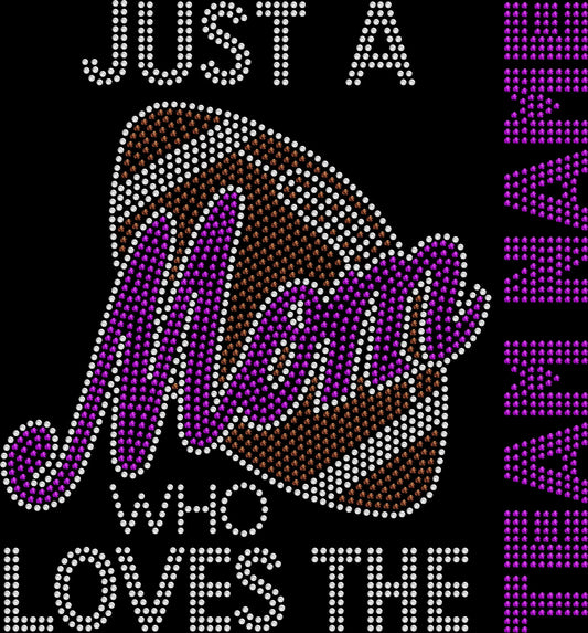 Just a Mom Who Loves the custom football team rhinestone shirt featuring sparkling crystal lettering on a soft women’s tee, perfect for football games, tailgating, and proud football mom fan wear.
