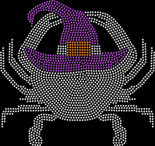 Crab Witch rhinestone Halloween shirt featuring a sparkling crab wearing a witch hat, a playful coastal spooky season top for beach lovers, crab lovers and Halloween celebrations.