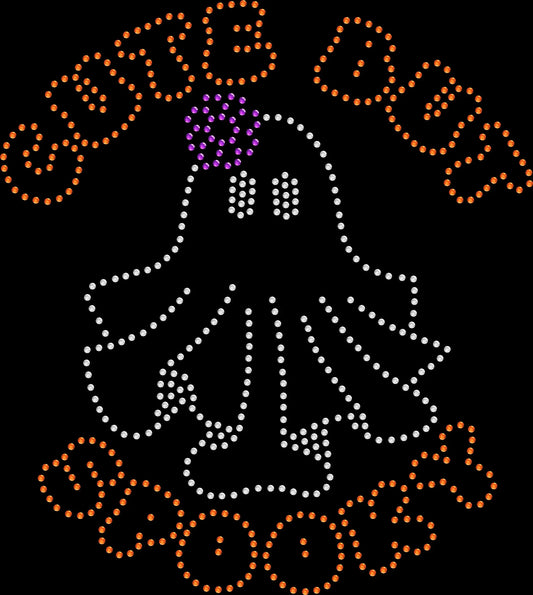Cute But Spooky Ghost shirt featuring an adorable sparkling Halloween ghost design created with premium glass rhinestones or holographic spangles. Cute spooky season apparel for Halloween parties, pumpkin patches, fall festivals, trick-or-treat night, Halloween movie nights, photos, girls' nights, and October events. 👻🎀🎃✨💎🖤