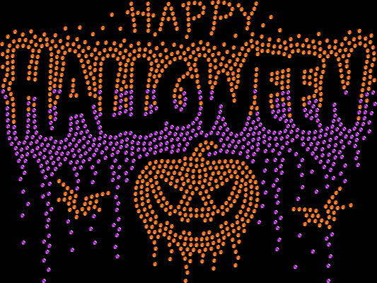 Happy Halloween Drip shirt featuring a sparkling dripping-style Happy Halloween design created with premium glass rhinestones or holographic spangles. Spooky season apparel for Halloween parties, haunted houses, pumpkin patches, fall festivals, trick-or-treat night, scary movie nights, Halloween photos, and October events. 🎃👻✨💎🖤💜