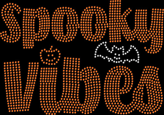 Spooky Vibes rhinestone Halloween shirt featuring a sparkling Halloween inspired design, cute spooky season top for Halloween parties, haunted houses, pumpkin patches, fall festivals and October outings