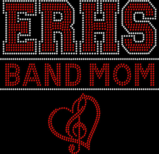 Custom Band Mom shirt personalized with your school name displayed on two lines in 853 font and decorated with premium glass rhinestones or holographic spangles. Ideal for marching band season, football games, pep rallies, concerts, band competitions, school spirit events, senior night, and music parent gifts. 🎺❤️✨