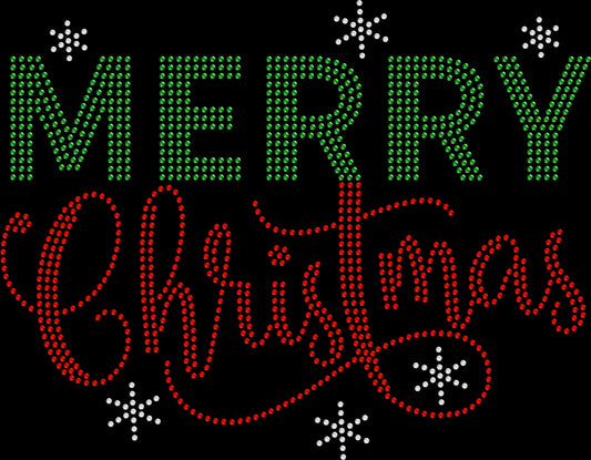 Merry Christmas holiday shirt featuring a classic festive message in sparkling rhinestones or holographic spangles.