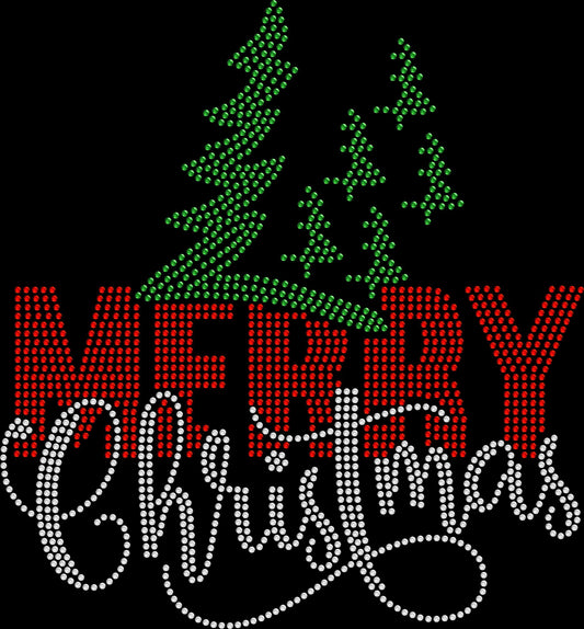 Sparkling Merry Christmas with Trees shirt for holiday parties, family photos, and seasonal celebrations in rhinestones or holographic spangles.