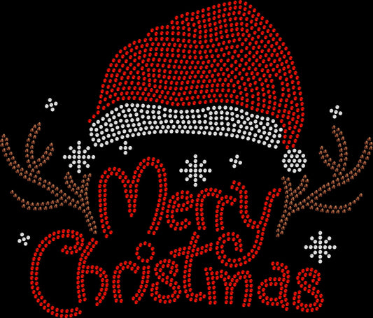 Sparkling Merry Christmas Santa hat and antlers shirt for holiday parties, family photos, and seasonal celebrations in rhinestones or spangles.