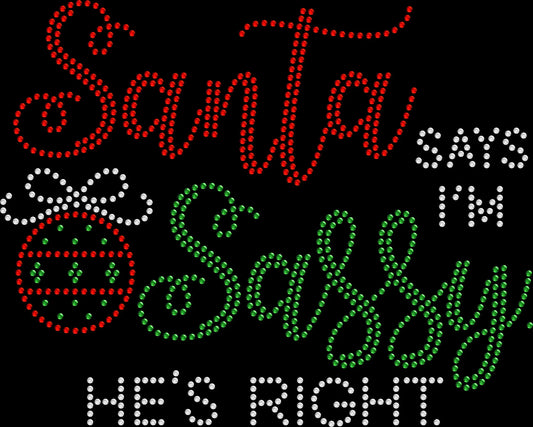 Santa Says I’m Sassy He’s Right ornament rhinestone shirt featuring sparkling crystal lettering styled as a Christmas ornament on a soft women’s tee, perfect for funny holiday outfits and festive sparkle wear.