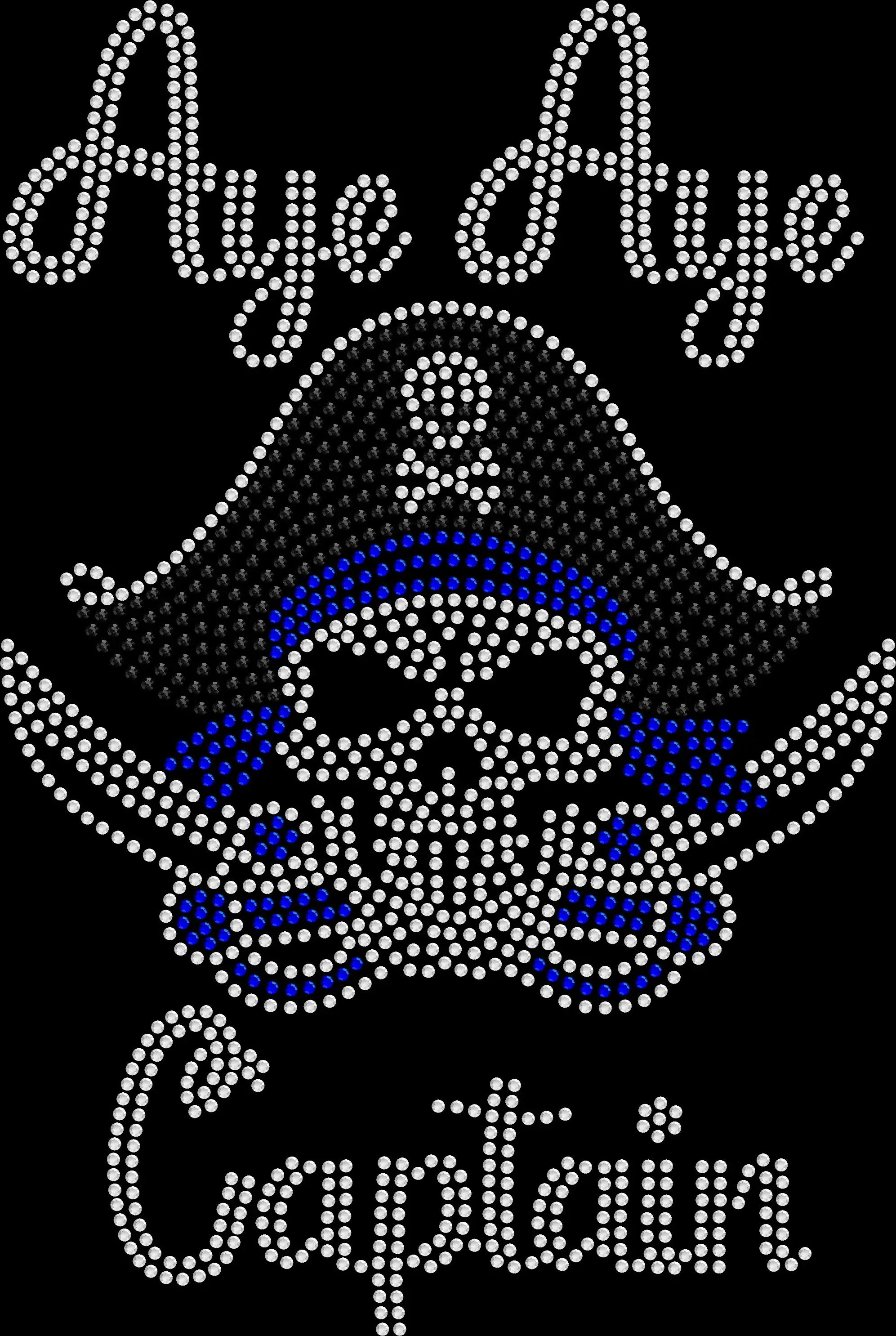 Aye Aye rhinestone shirt featuring sparkling crystal lettering with a captain skull pirate design on a soft women’s tee, perfect for pirate nights, cruises, and themed parties.