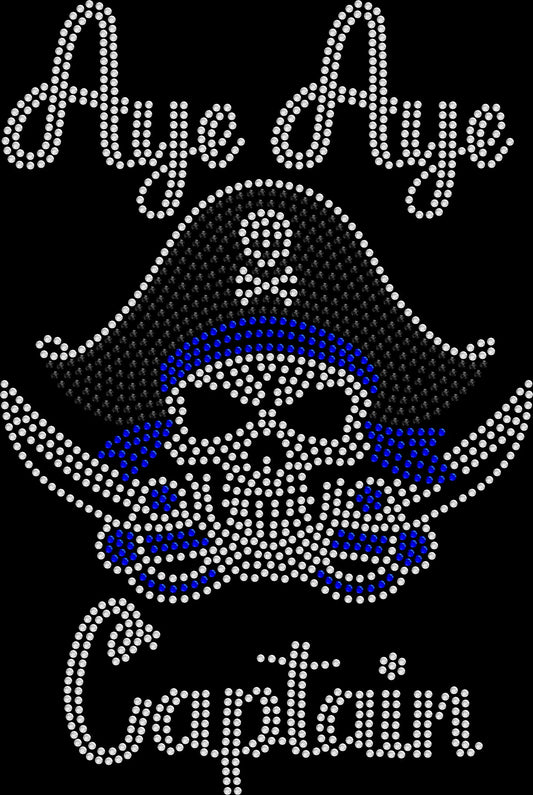 Aye Aye rhinestone shirt featuring sparkling crystal lettering with a captain skull pirate design on a soft women’s tee, perfect for pirate nights, cruises, and themed parties.