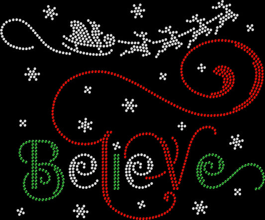 Sparkling Believe Santa and sleigh Christmas shirt for holiday parties, family photos, and Christmas morning in rhinestones or holographic spangles.