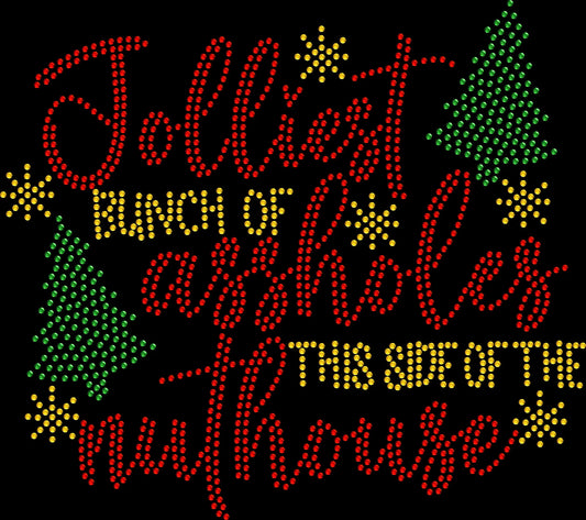 I need a title, description with washing instructions. As well as tags with commas and long tail key words, SEO-rich ALT text for a rhinestone shirt that says Jolliest Bunch of Assholes This Side of the Nuthouse for my Etsy store