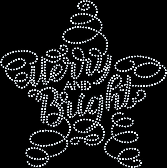 Merry and Bright rhinestone shirt featuring sparkling crystal lettering with a swirly star accent on a soft women’s tee, perfect for Christmas parties, holiday gatherings, and festive seasonal wear.