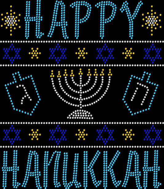 Happy Hanukkah rhinestone shirt featuring a festive ugly sweater-inspired Jewish holiday design for menorah lightings, Hanukkah parties, family dinners, gift exchanges, holiday photos and Festival of Lights celebrations.