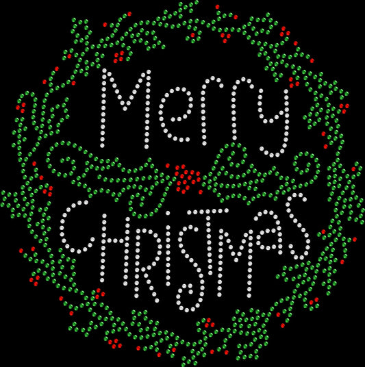 Sparkling Merry Christmas holly wreath shirt for holiday parties and family photos, available in premium rhinestones or holographic spangles.