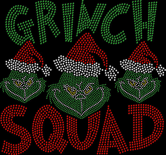Grinch Squad rhinestone shirt featuring sparkling crystal lettering on a soft women’s tee, perfect for funny Christmas outfits, matching holiday squad looks, and festive celebrations.