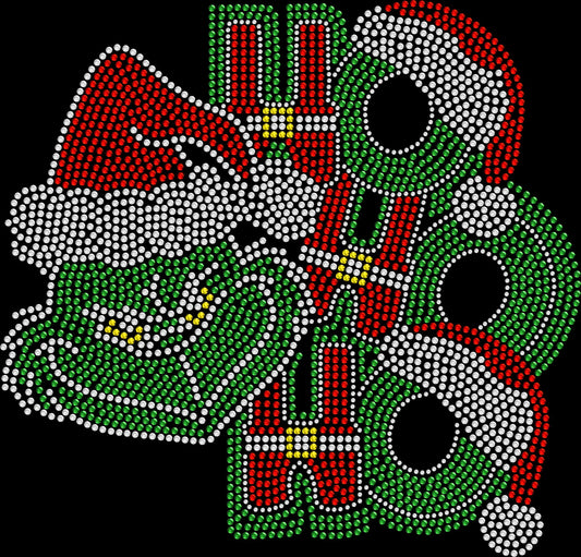 Ho Ho Ho Grinch Face rhinestone shirt featuring sparkling crystal lettering and a playful green face design on a soft women’s tee, perfect for funny Christmas outfits and festive holiday wear.