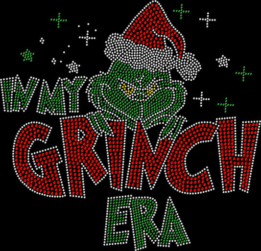 In My Grinch Era rhinestone shirt featuring sparkling crystal lettering on a soft women’s tee, perfect for funny Christmas outfits and festive holiday wear.