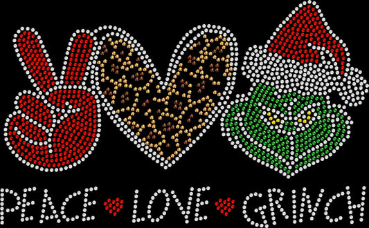 Peace Love Grinch rhinestone shirt featuring sparkling crystal lettering with a cheetah print heart design on a soft women’s tee, perfect for fun Christmas outfits and festive holiday celebrations.